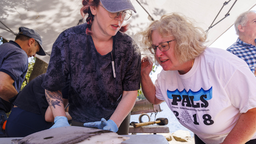 Francine McCarthy (right) and her team reviewing samples from Crawford Lake, Ontario, Canada
